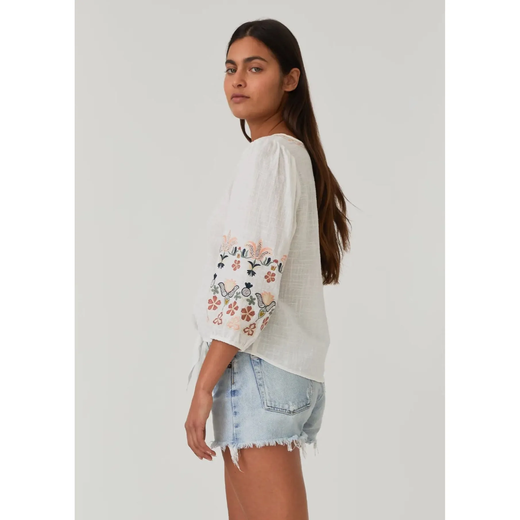 Jamison Floral Embroidered Sleeve Tie Front Top Lovestitch Top- SALE