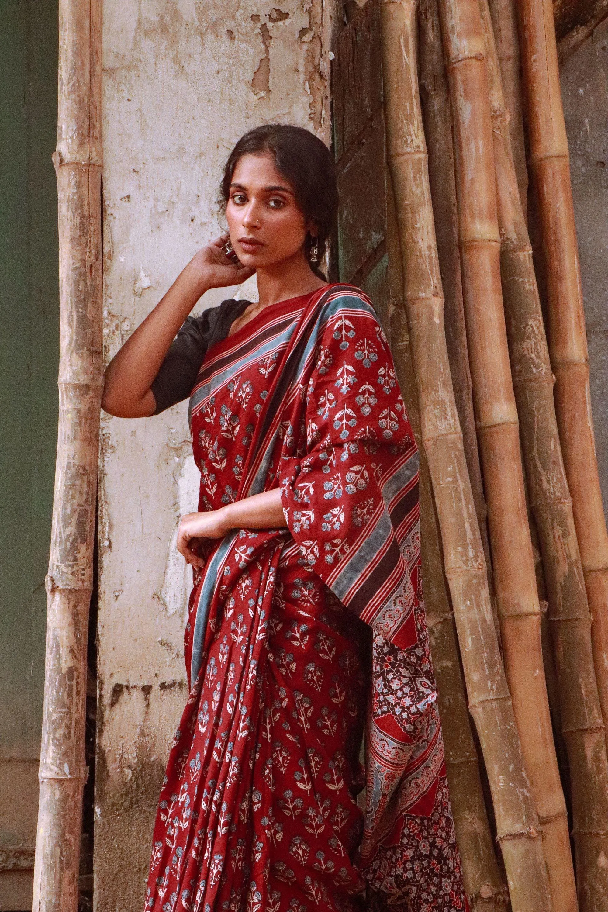 Jharokha -Maroon Ajrkah  handblockprinted saree