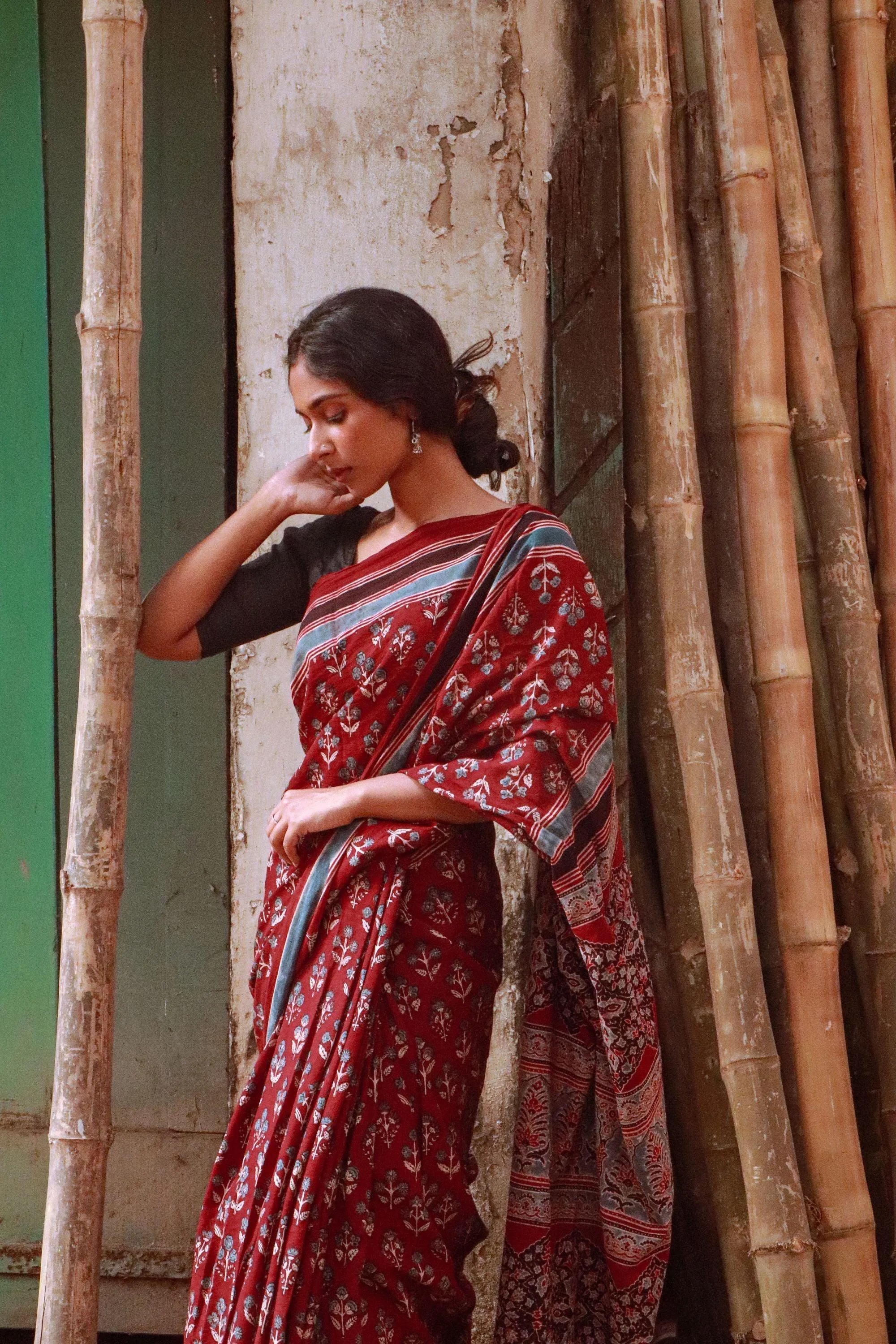 Jharokha -Maroon Ajrkah  handblockprinted saree