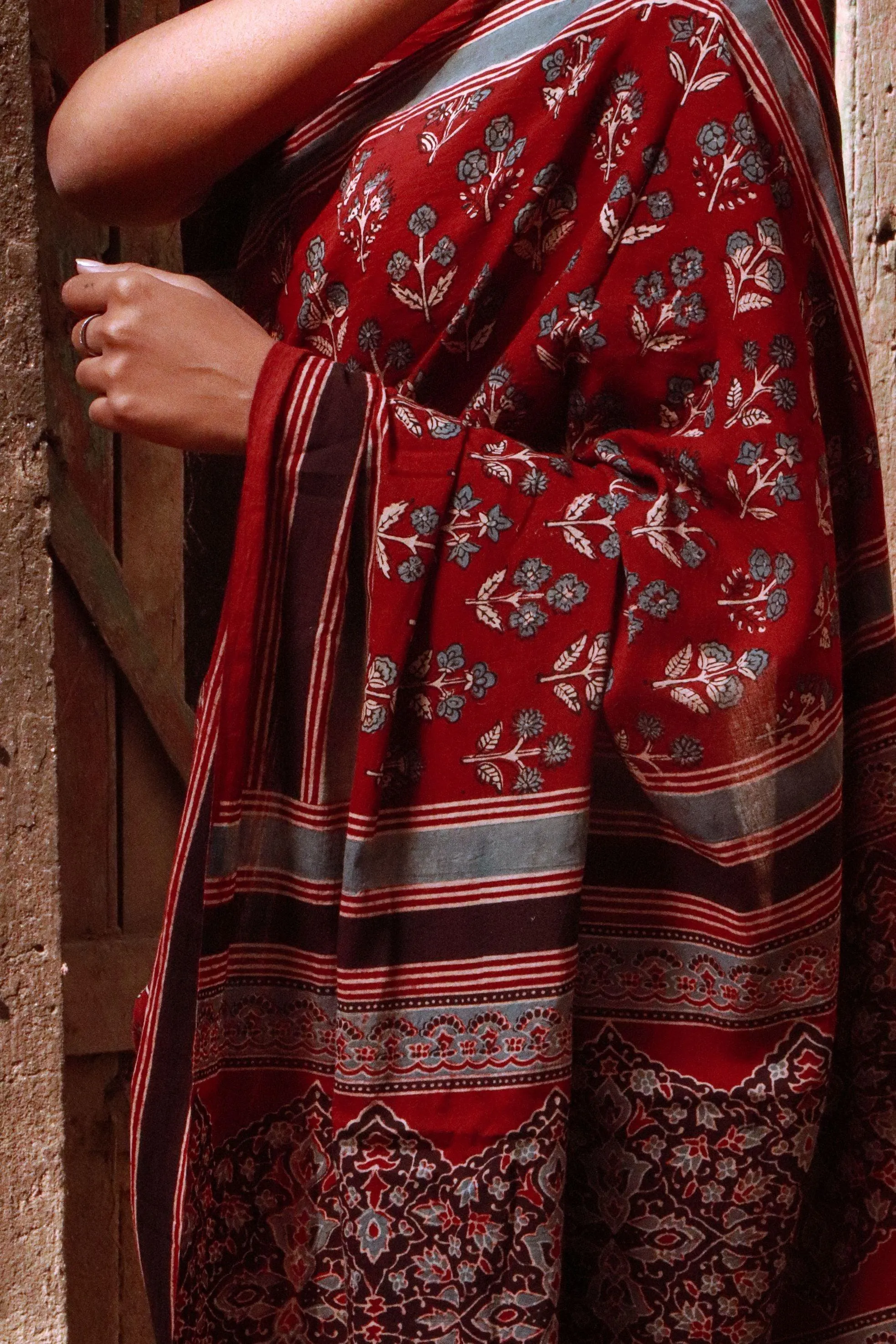 Jharokha -Maroon Ajrkah  handblockprinted saree