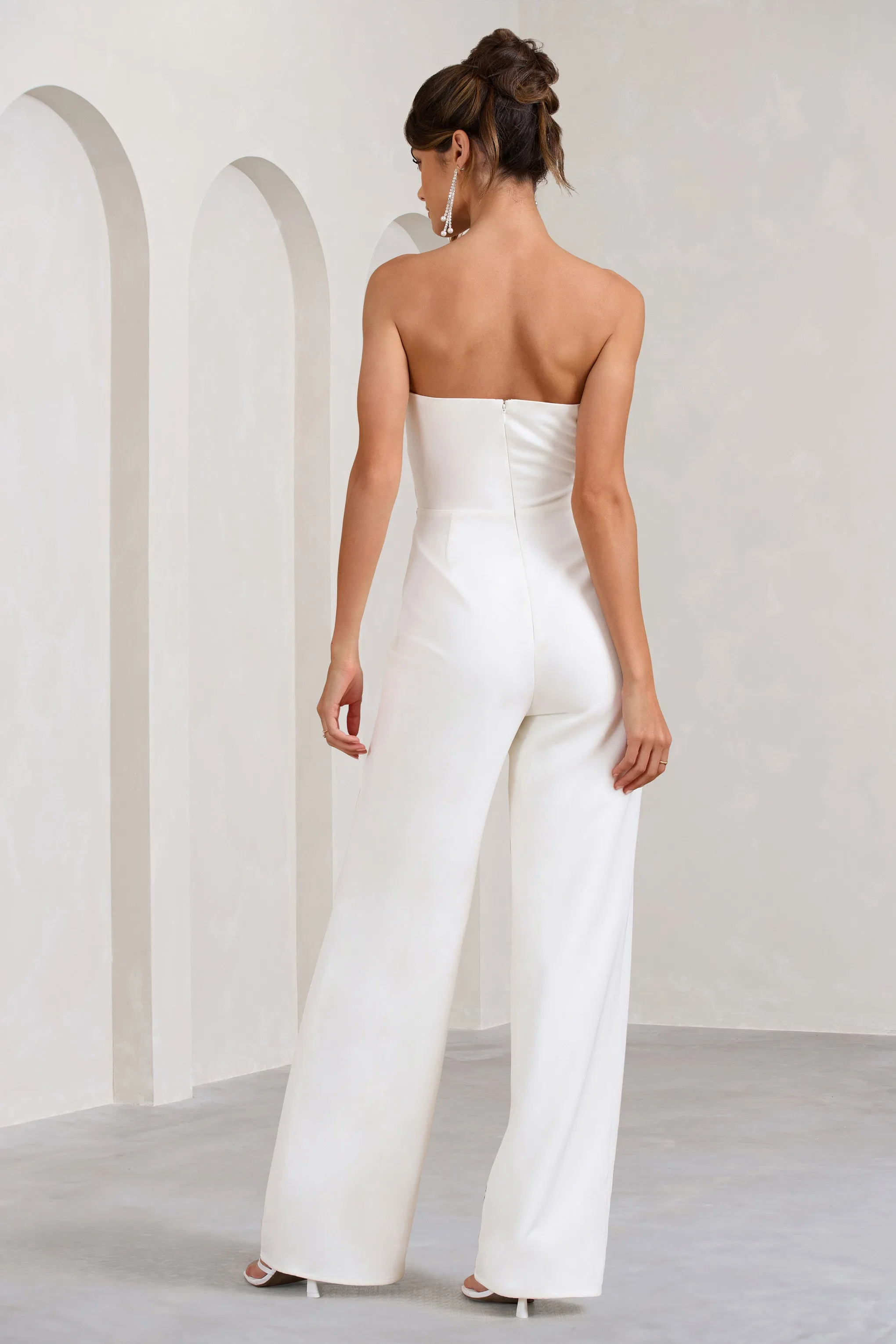 Julia | White Extreme Plunge Cut Out Wide Leg Jumpsuit