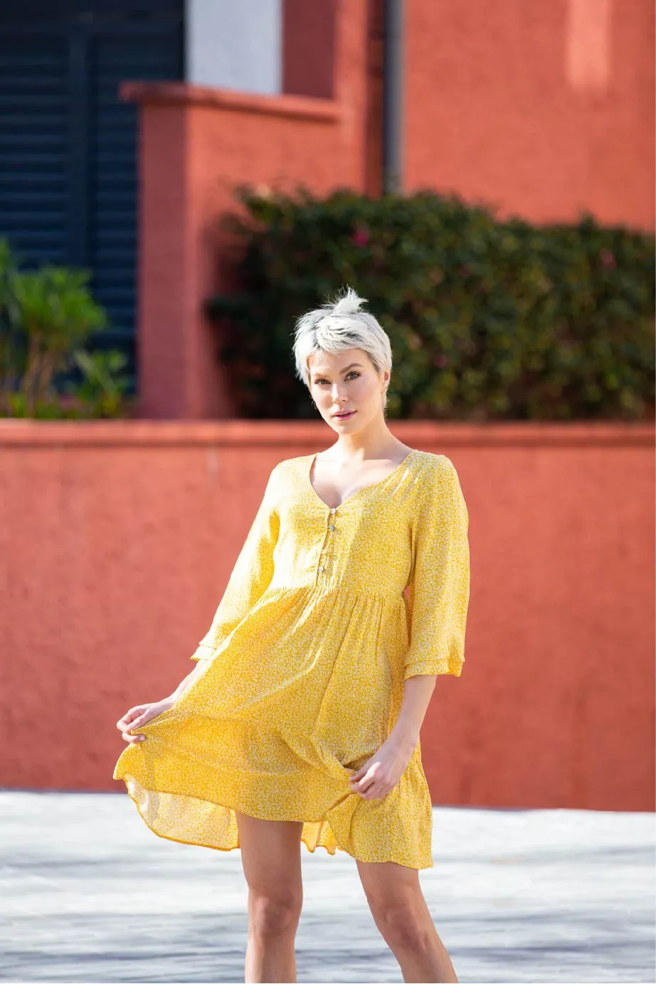 Kalinda Yellow Floral 3/4 Sleeve Dress