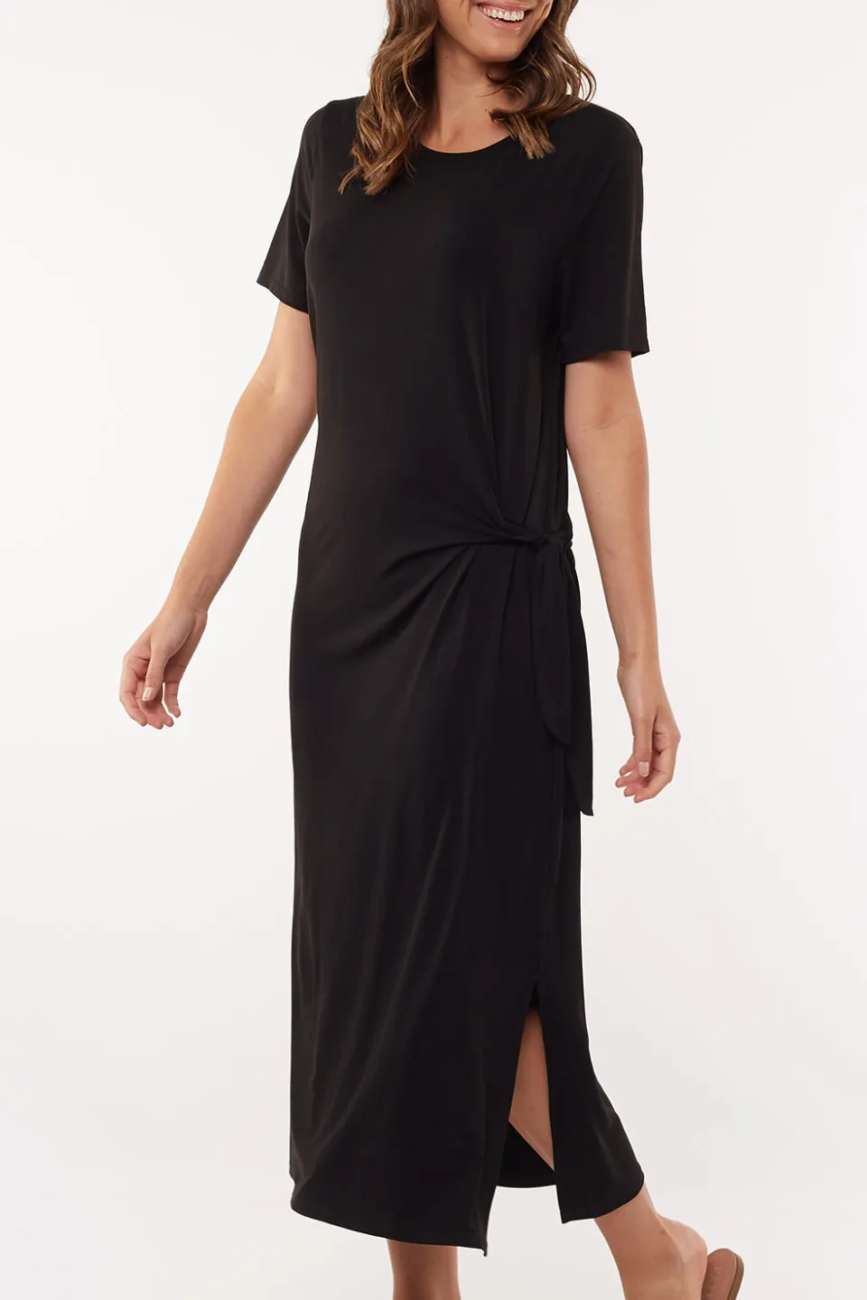 Khloe Knot Black Midi Tee Dress