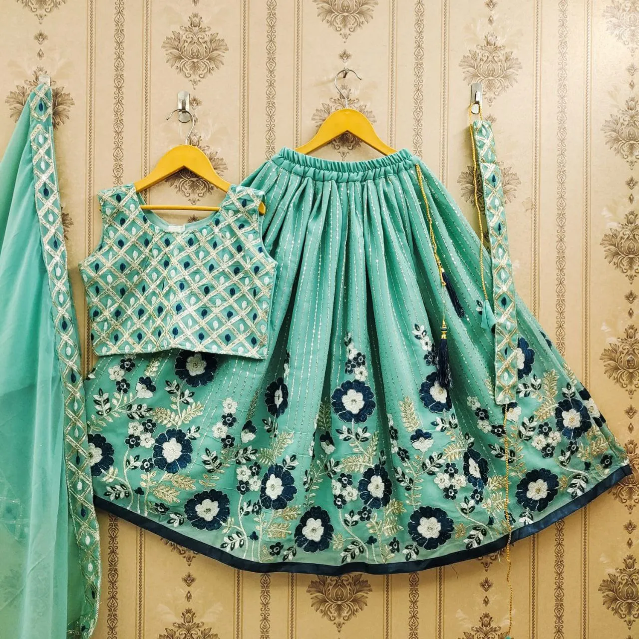 Kids Embroidery Sequence Lehenga Blouse set with Dupatta