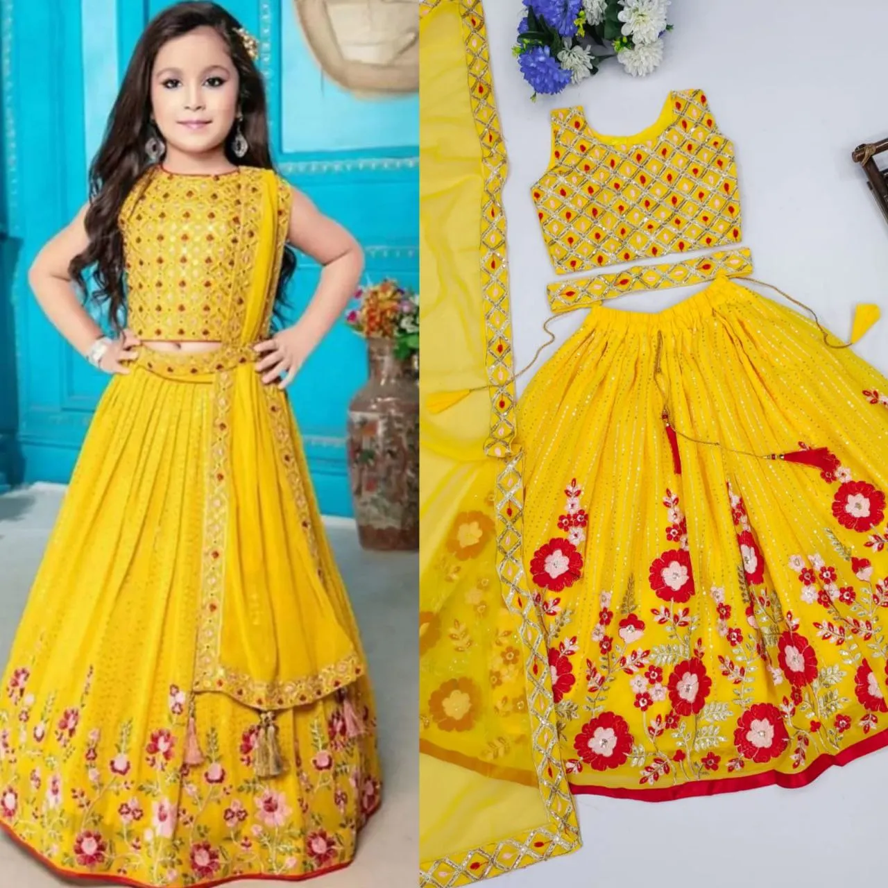 Kids Embroidery Sequence Lehenga Blouse set with Dupatta