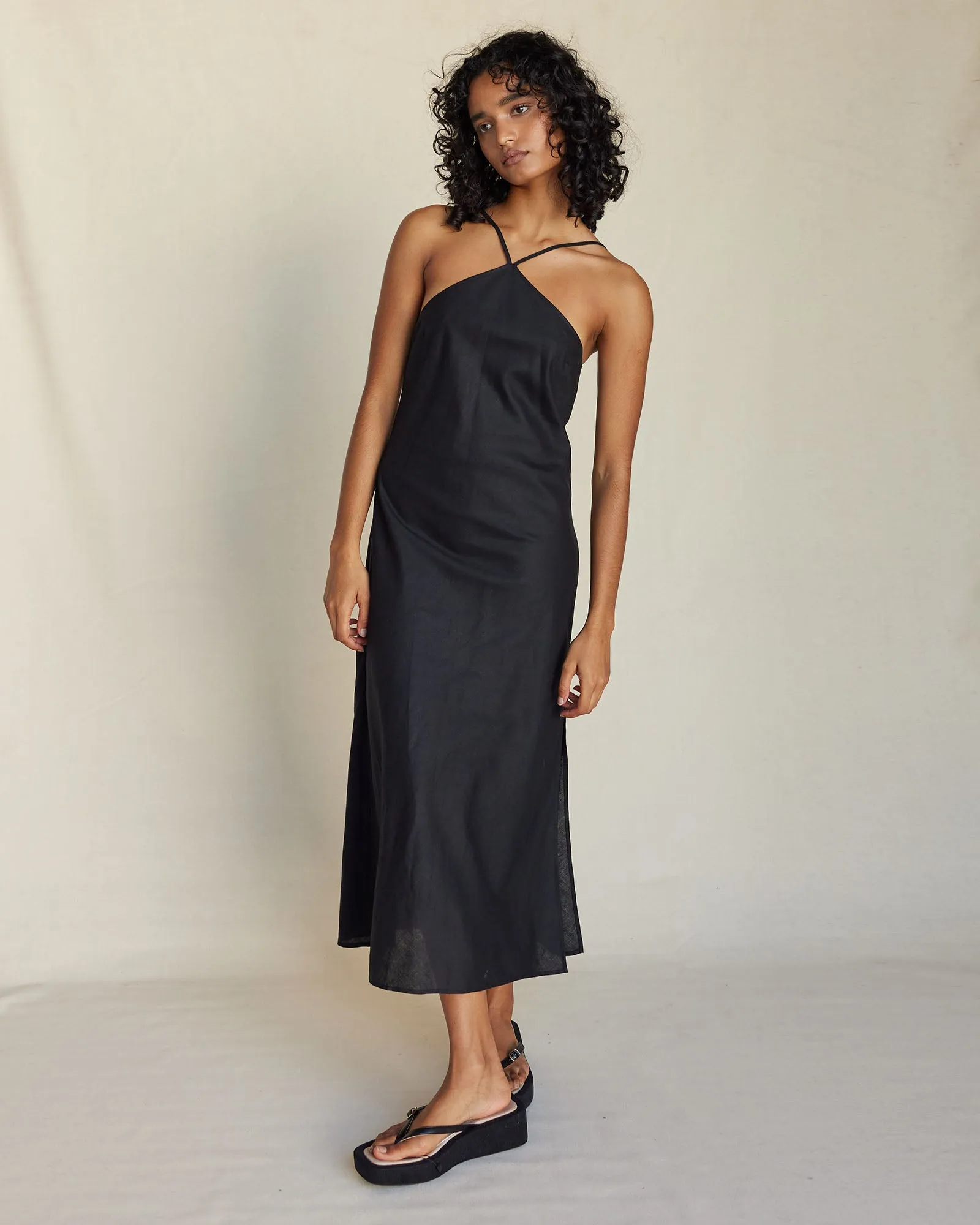 Krisha Linen Halter Midi Dress - Black