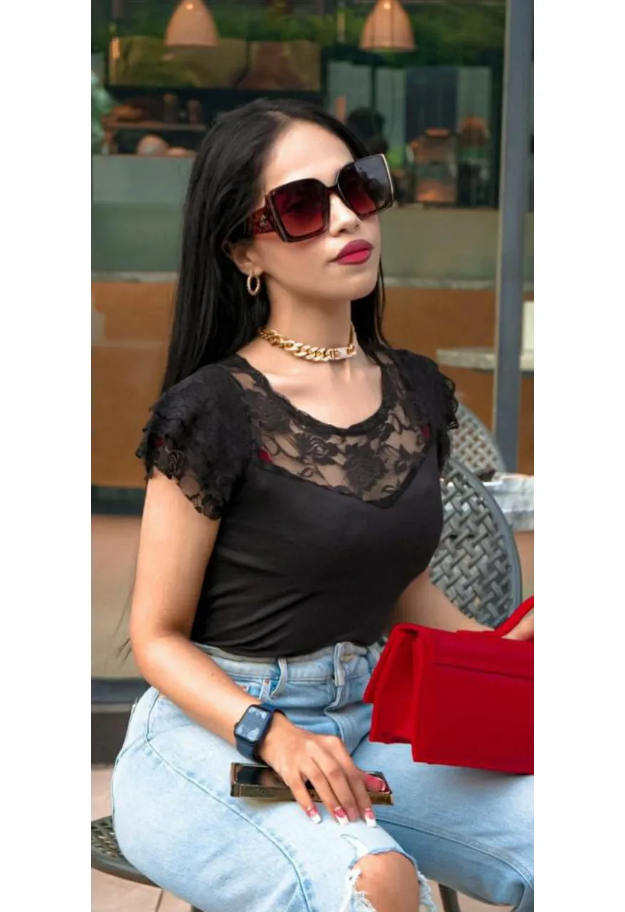 Lace Layered Cap Sleeve Top Black