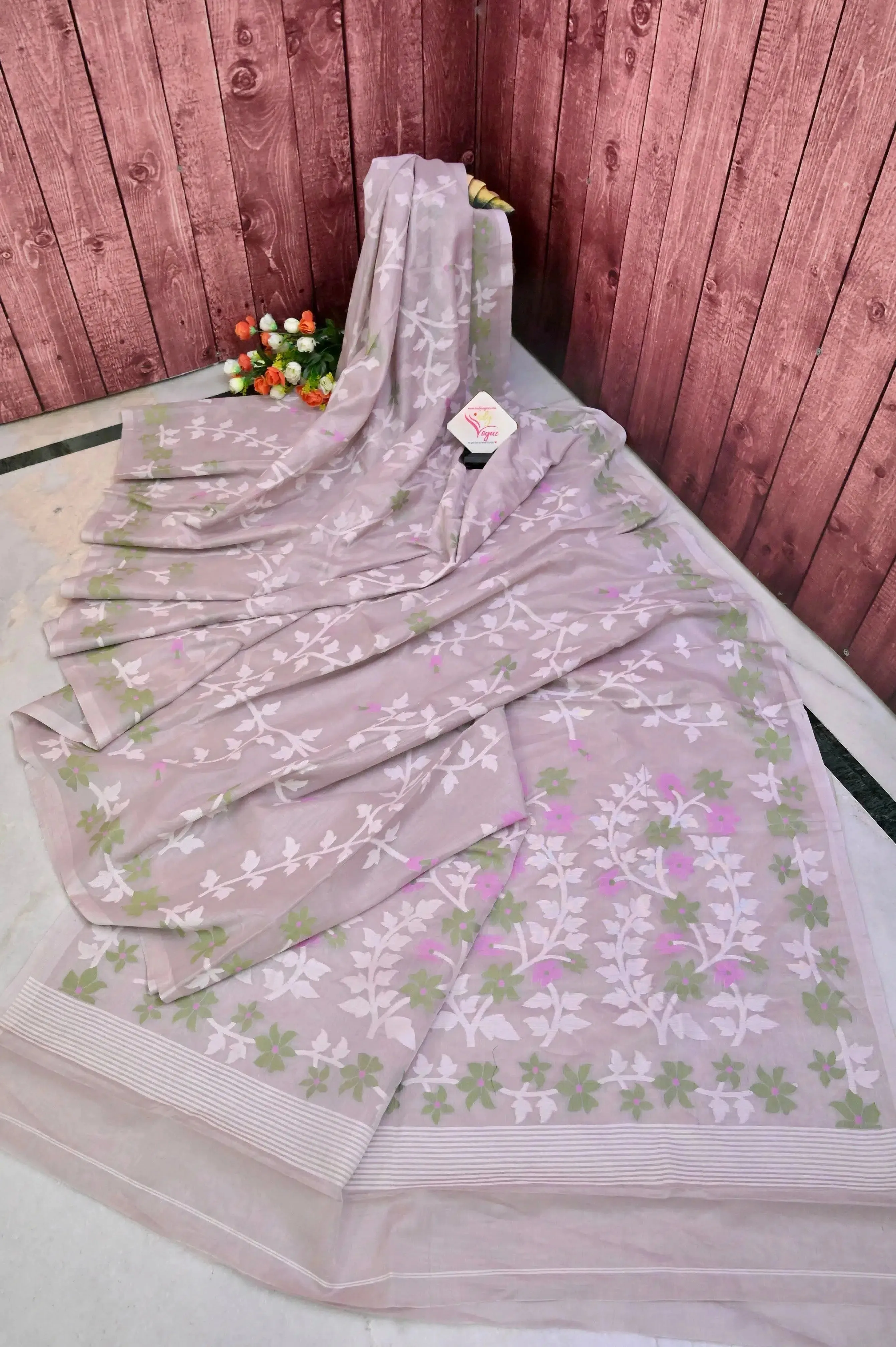 Light Ash Color Pure Cotton Saree with Allover Jamdani Weaving