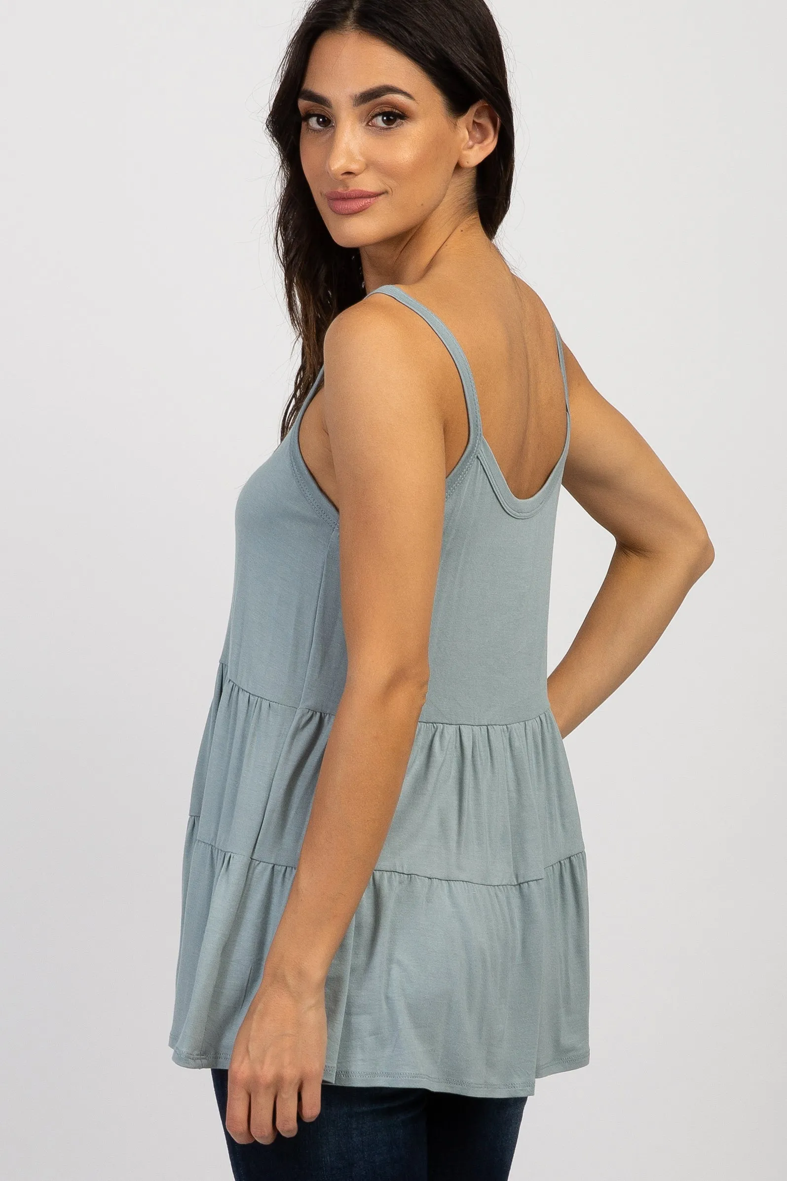 Light Blue Solid Ruffle Peplum Top