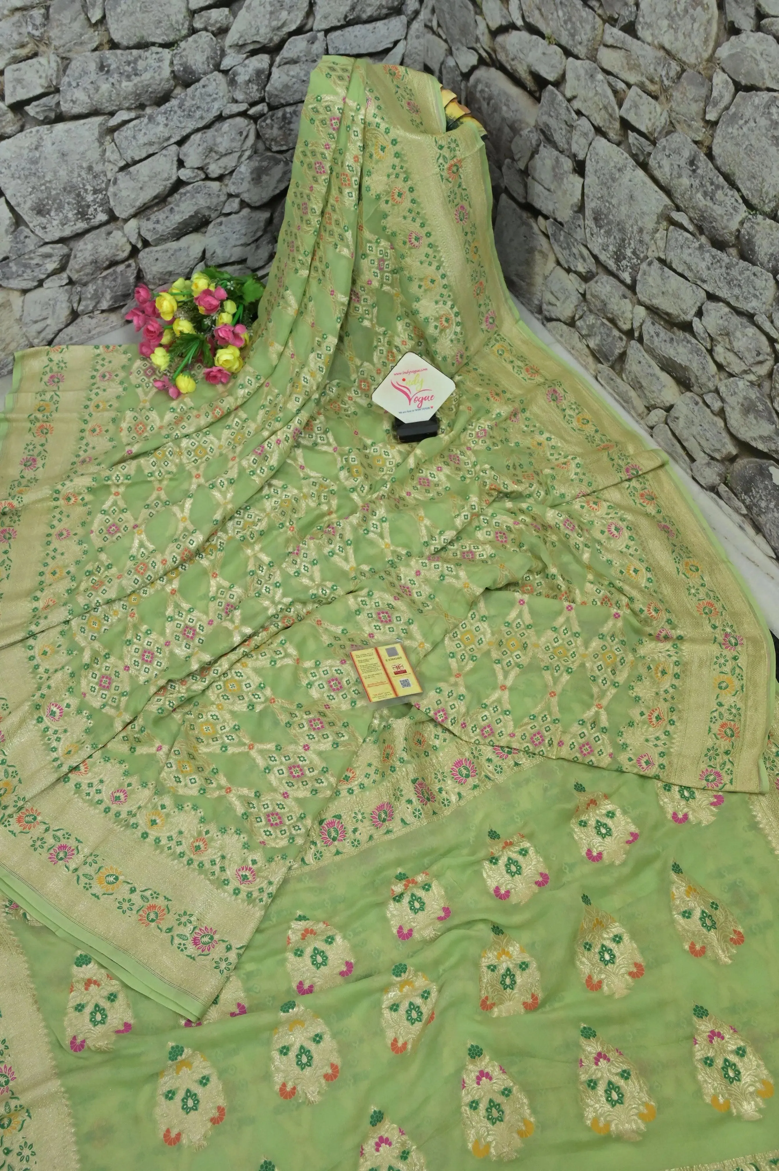 Light Green Color Pure Georgette Banarasi with Allover Zari and Meenakari Work