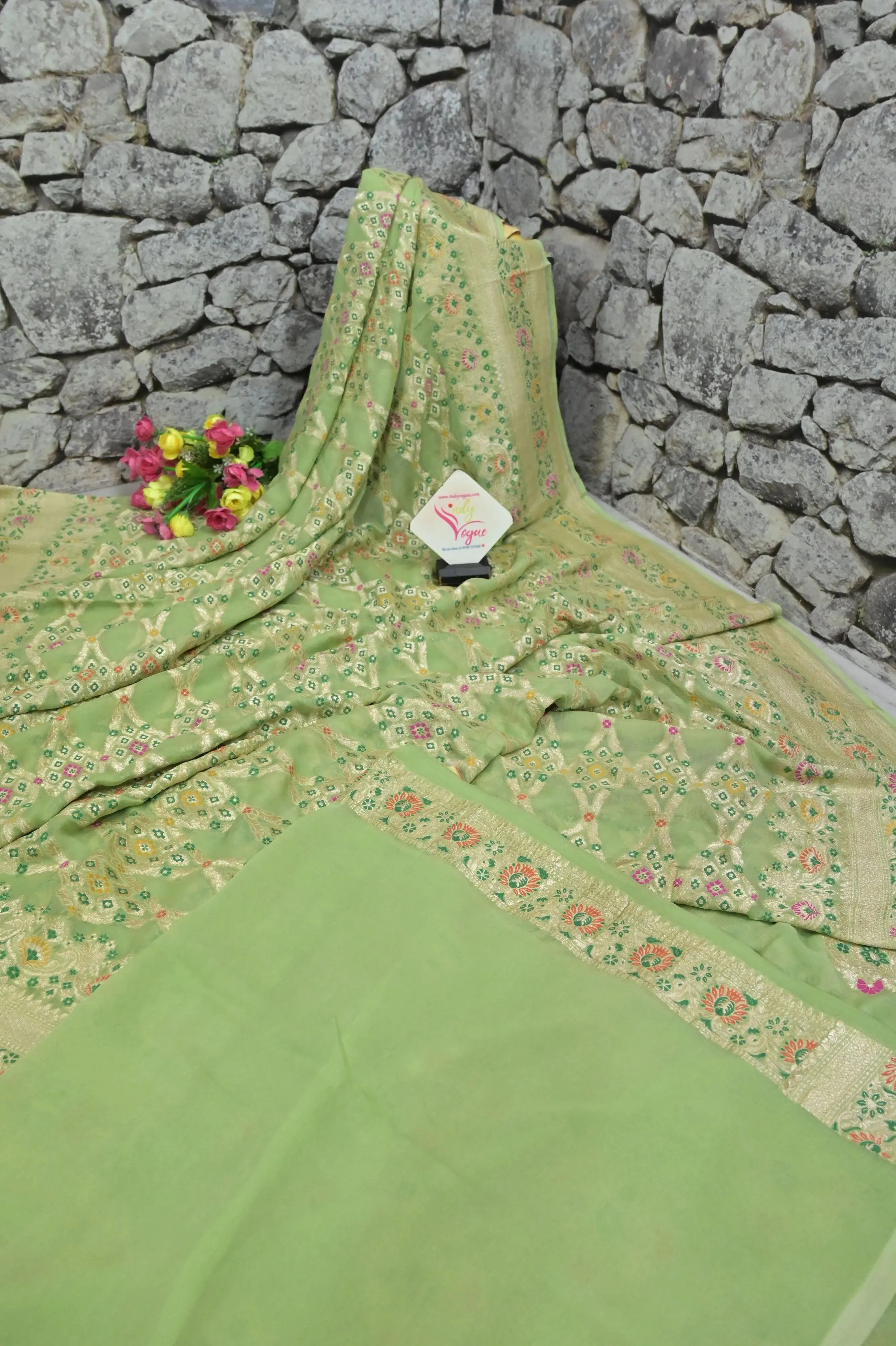 Light Green Color Pure Georgette Banarasi with Allover Zari and Meenakari Work