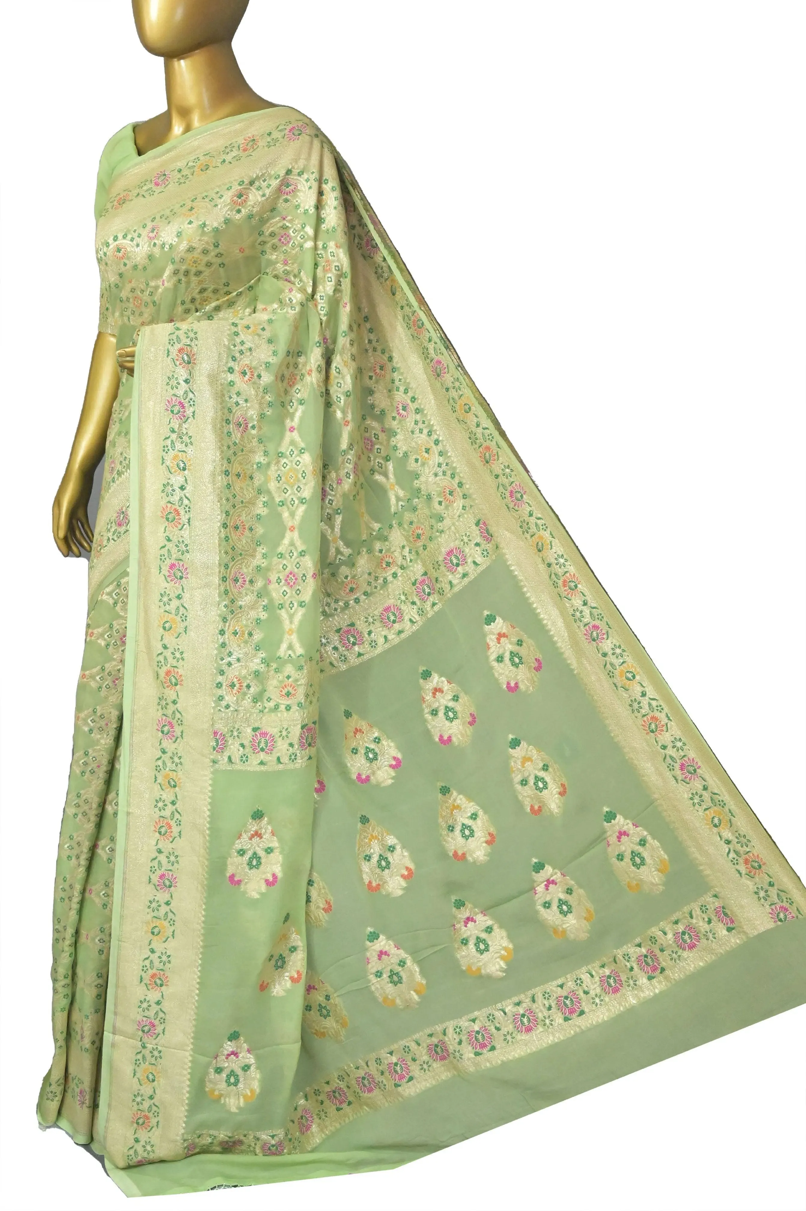 Light Green Color Pure Georgette Banarasi with Allover Zari and Meenakari Work