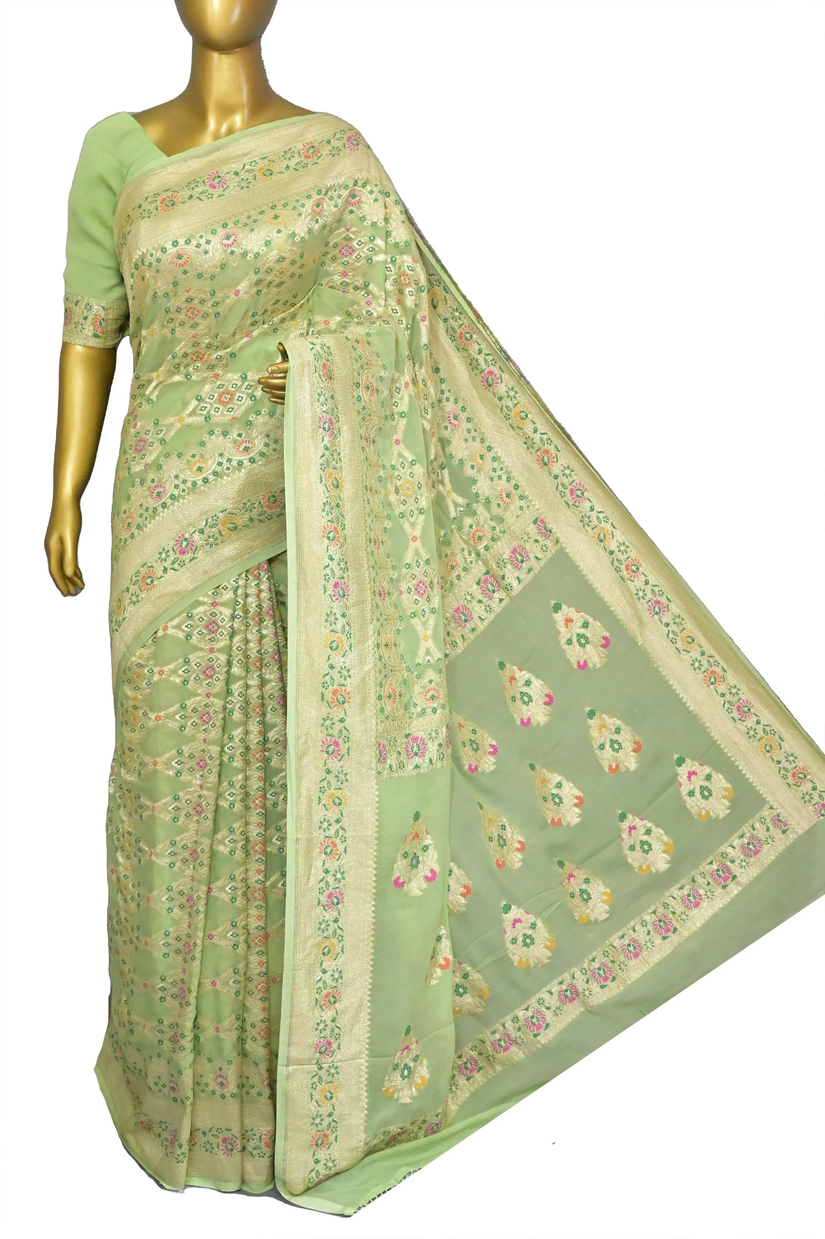 Light Green Color Pure Georgette Banarasi with Allover Zari and Meenakari Work