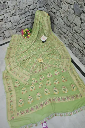 Light Green Color Pure Georgette Banarasi with Allover Zari and Meenakari Work