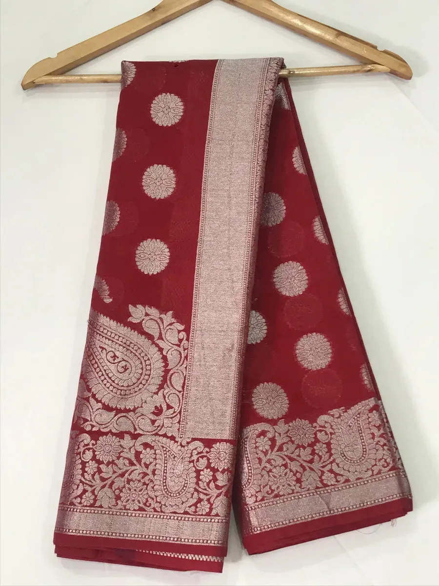 Lovely Maroon Color Silk Cotton Saree With Silver Flower Motifs All Over Body And Contrast Border