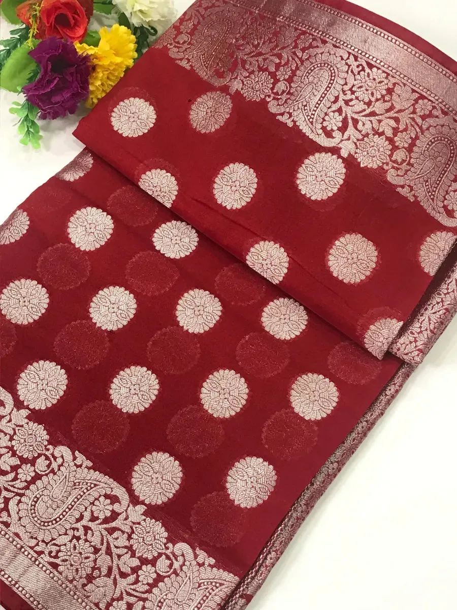 Lovely Maroon Color Silk Cotton Saree With Silver Flower Motifs All Over Body And Contrast Border