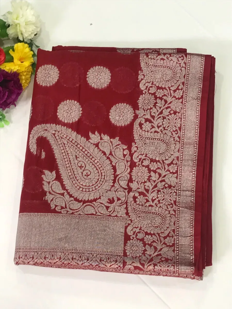 Lovely Maroon Color Silk Cotton Saree With Silver Flower Motifs All Over Body And Contrast Border