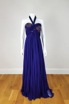 MARCHESA COUTURE Purple Strapless Silk Chiffon Crystal Embellished Gown (UK 8)