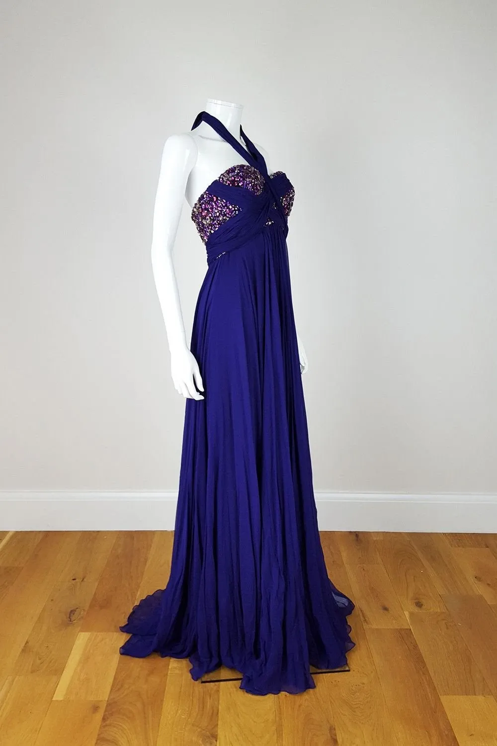 MARCHESA COUTURE Purple Strapless Silk Chiffon Crystal Embellished Gown (UK 8)