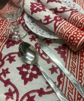 Maroon red hand block printed cotton set of table mat and runner