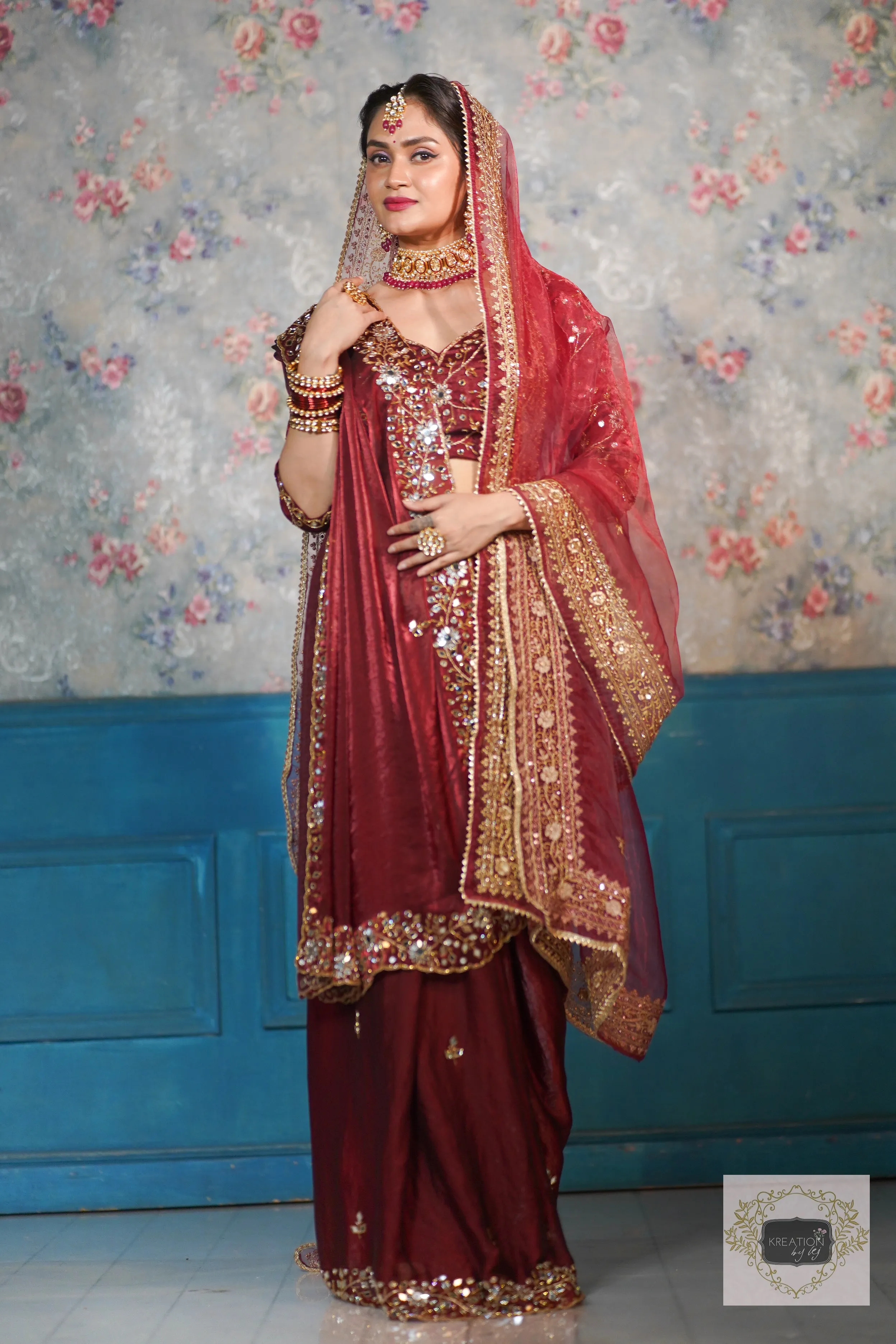 Maroon Shimmer Satin Sheesh Mahal Saree