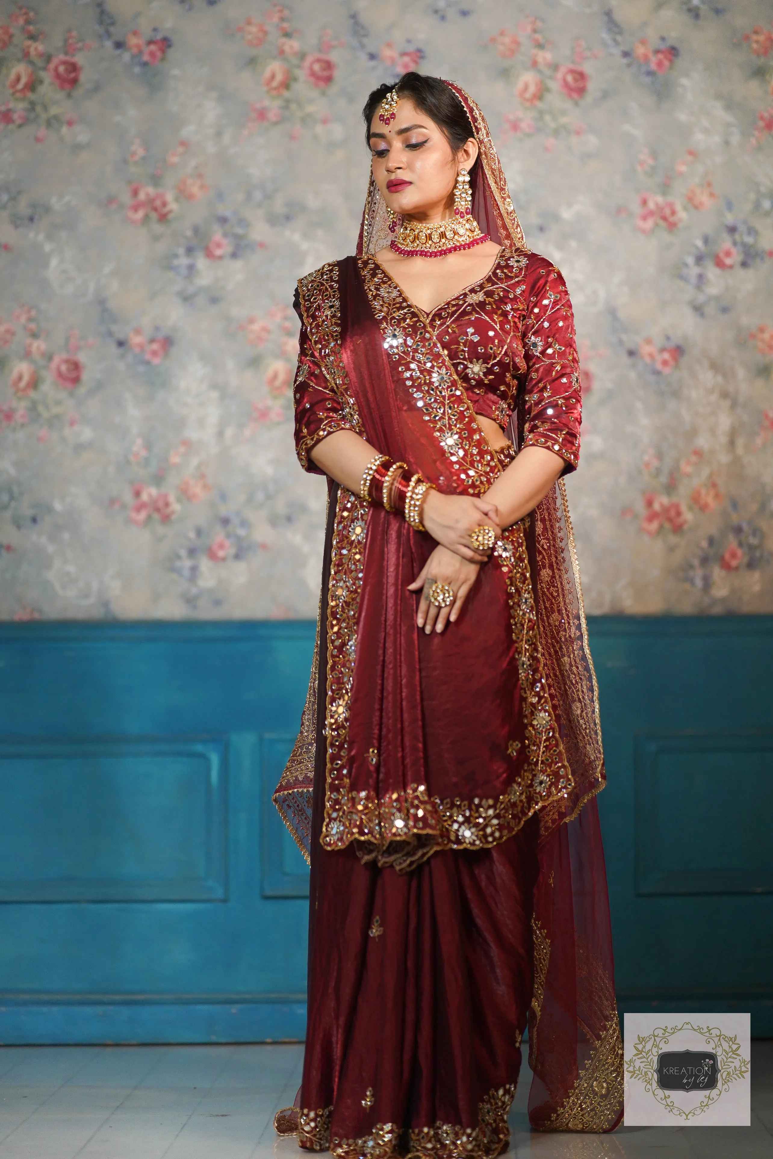 Maroon Shimmer Satin Sheesh Mahal Saree