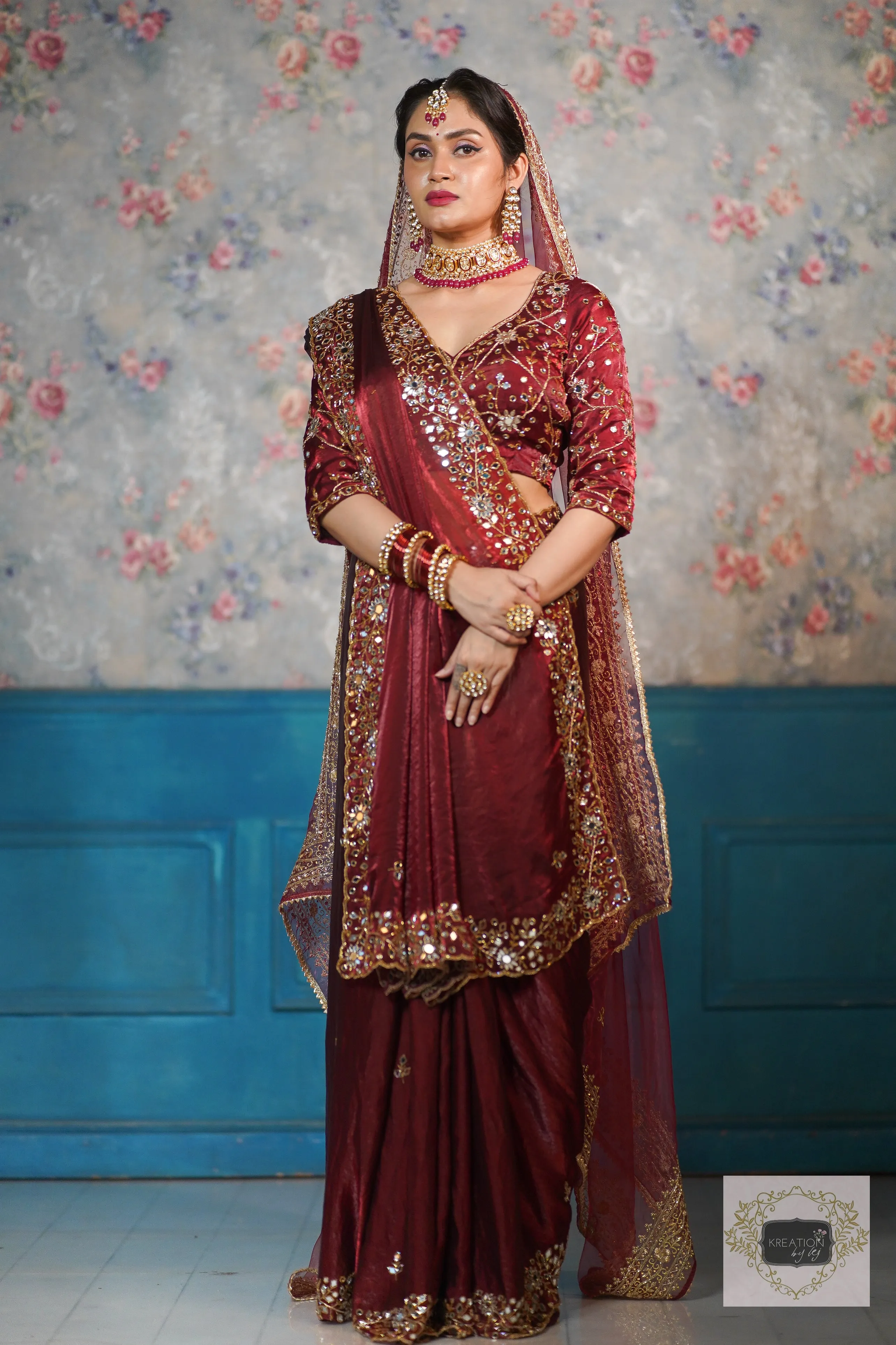 Maroon Shimmer Satin Sheesh Mahal Saree