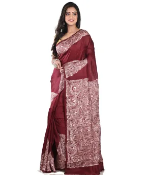 Maroon white silk handloom batik print saree