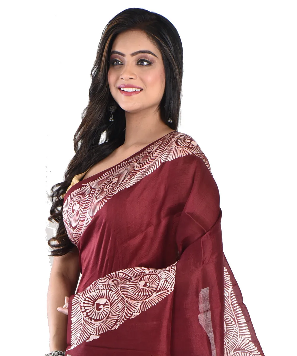 Maroon white silk handloom batik print saree