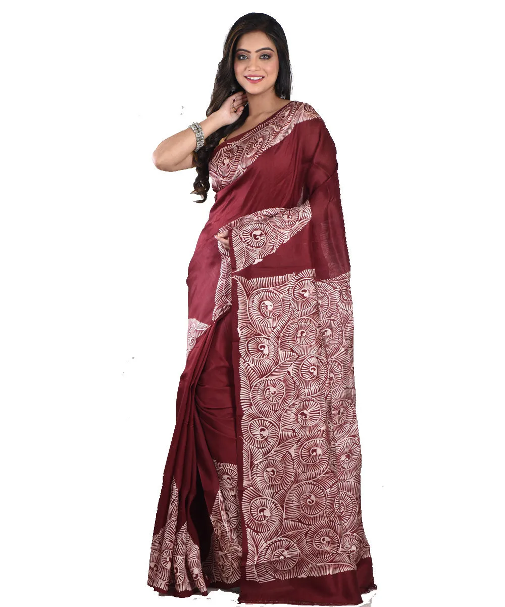 Maroon white silk handloom batik print saree