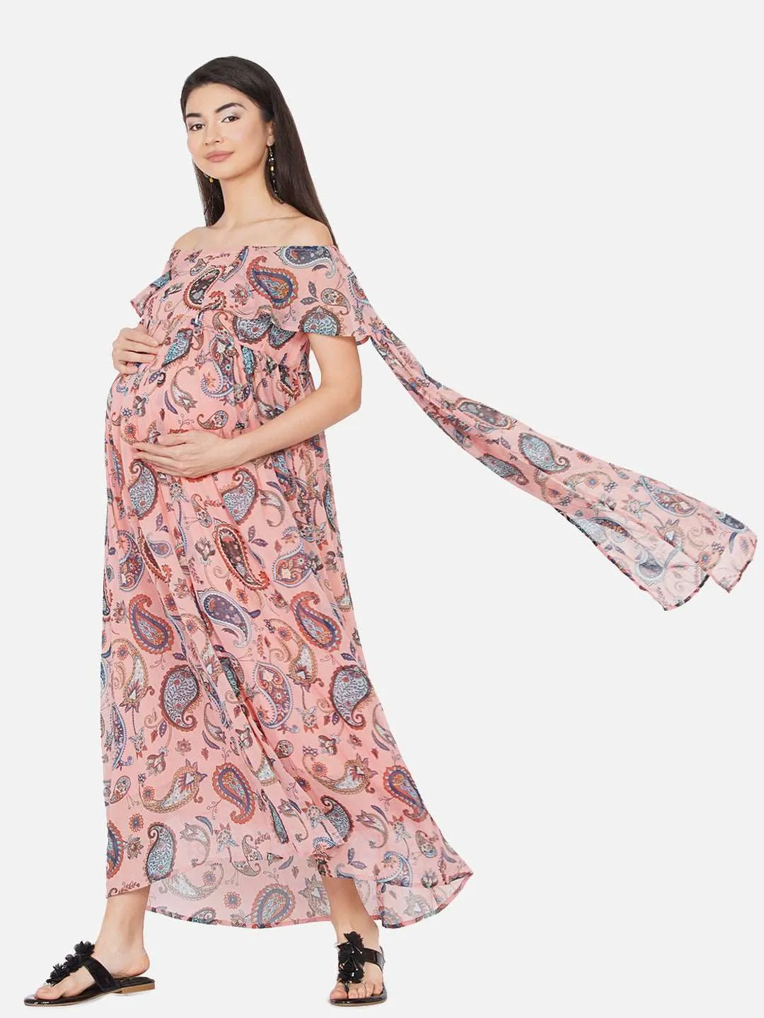 Maxi Baby Shower Dress Floral Print Peach Color