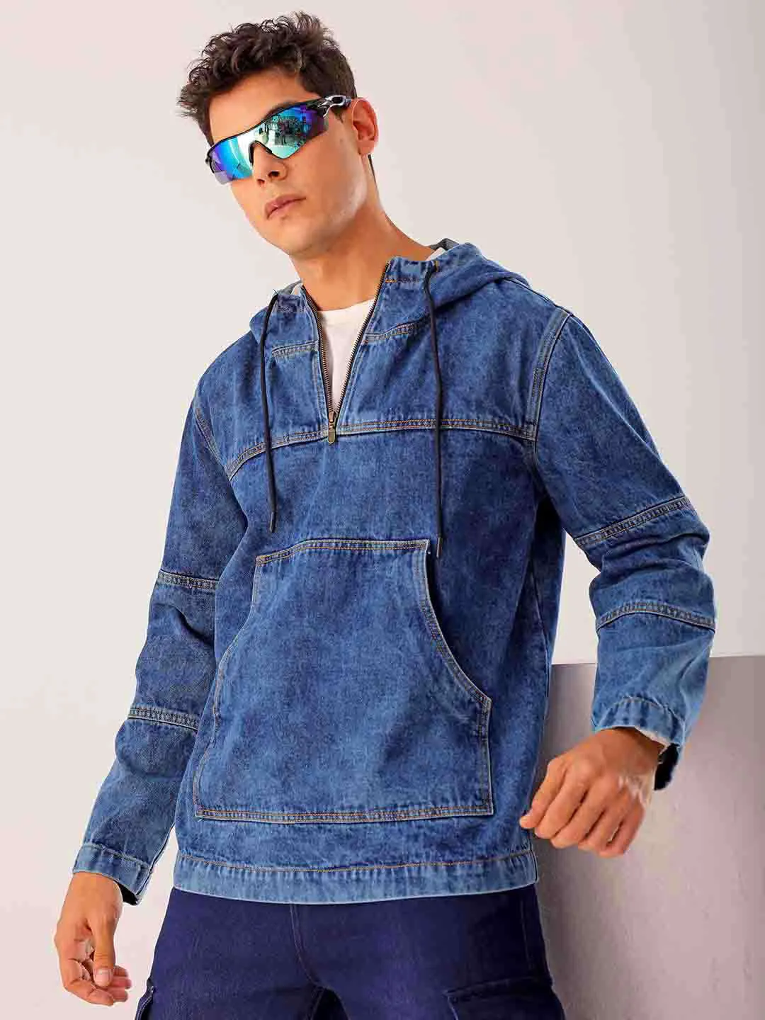 Men Blue Relaxed Fit Solid Hooded Denim Jacket