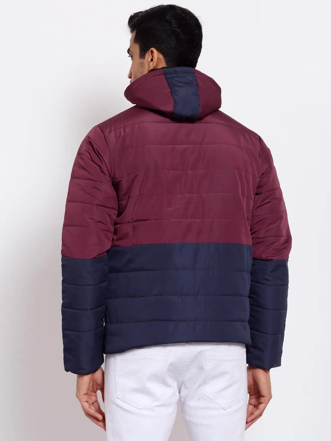 Men Maroon Navy Blue Colourblocked Lightweight Outdoor Puffer Jacket