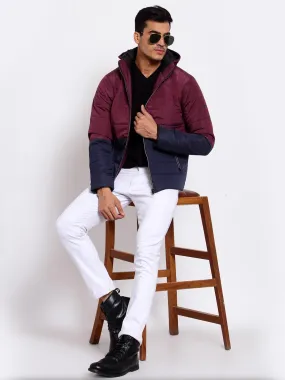 Men Maroon Navy Blue Colourblocked Lightweight Outdoor Puffer Jacket