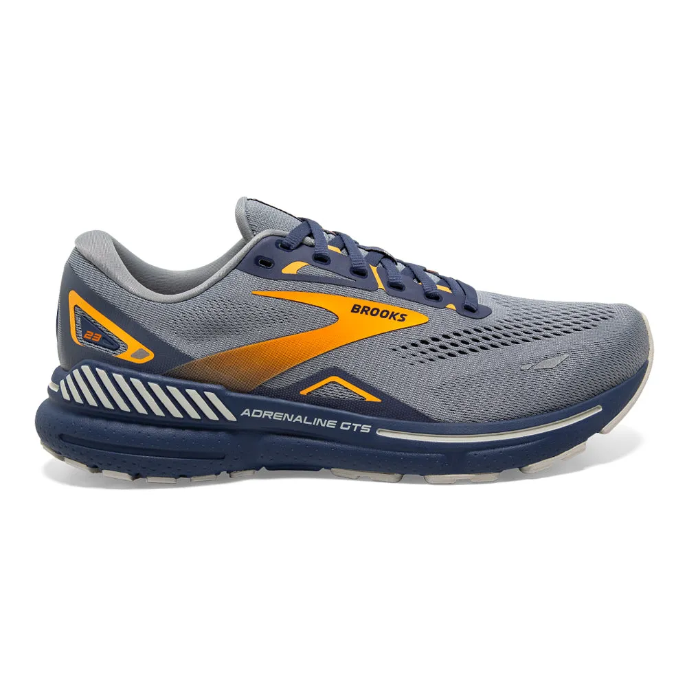 Men's Brooks Adrenaline GTS 23, Grey/Crown Blue/Orange, 12 D Medium