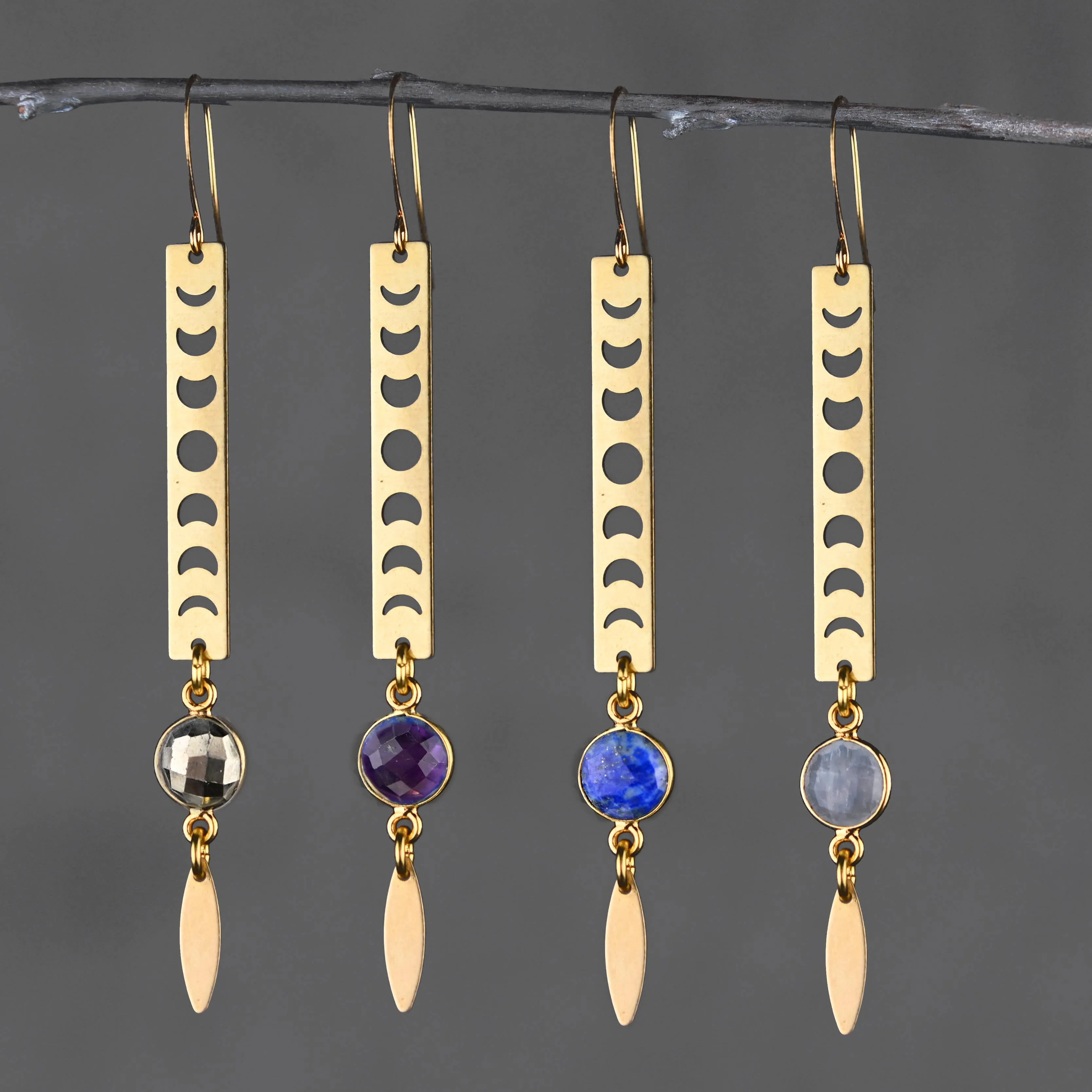 Moon Phase Bar/ w Semi Precious & Marquise Drop Earrings