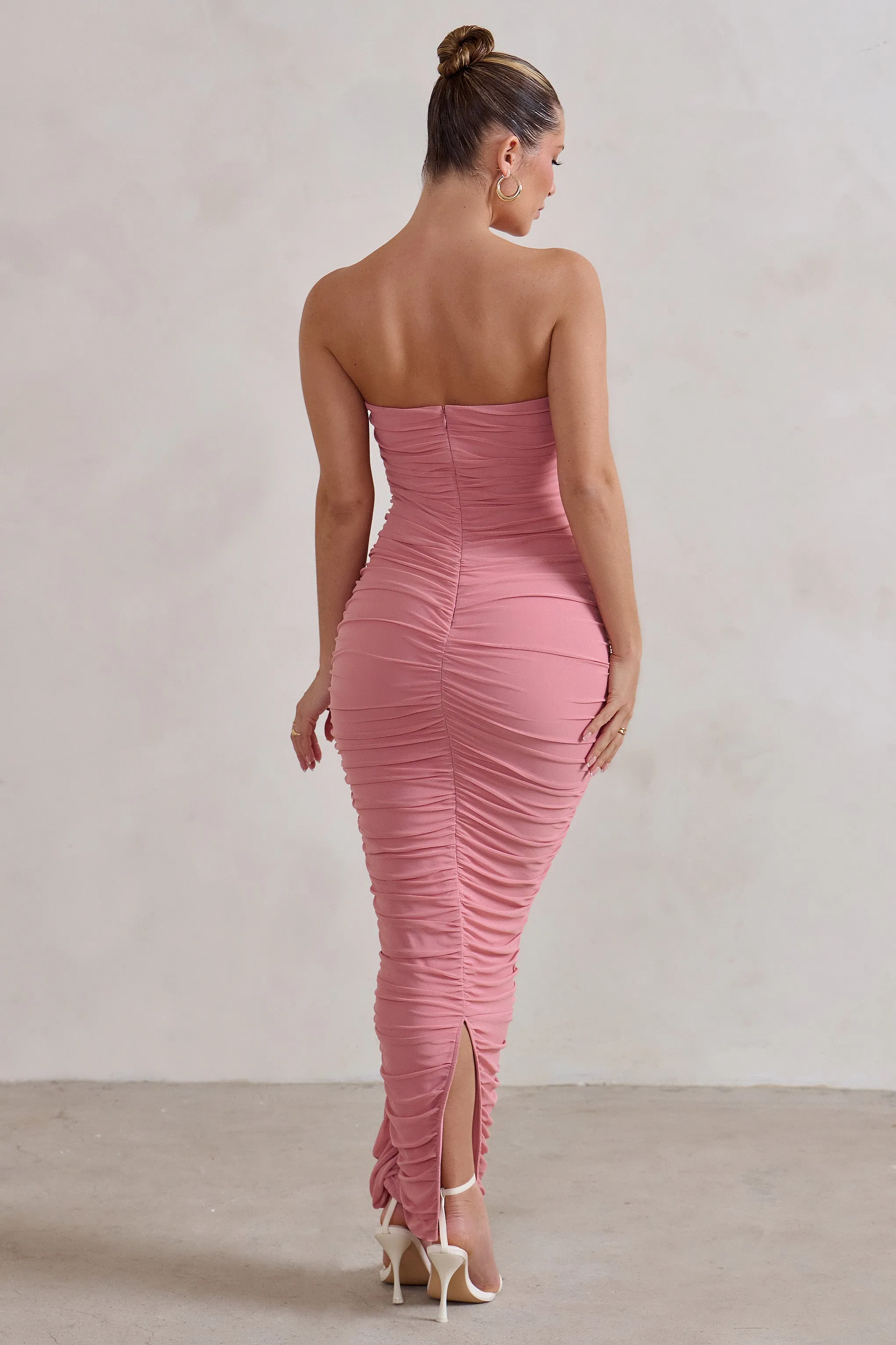 My Lady | Powder Pink Strapless Bodycon Ruched Mesh Maxi Dress