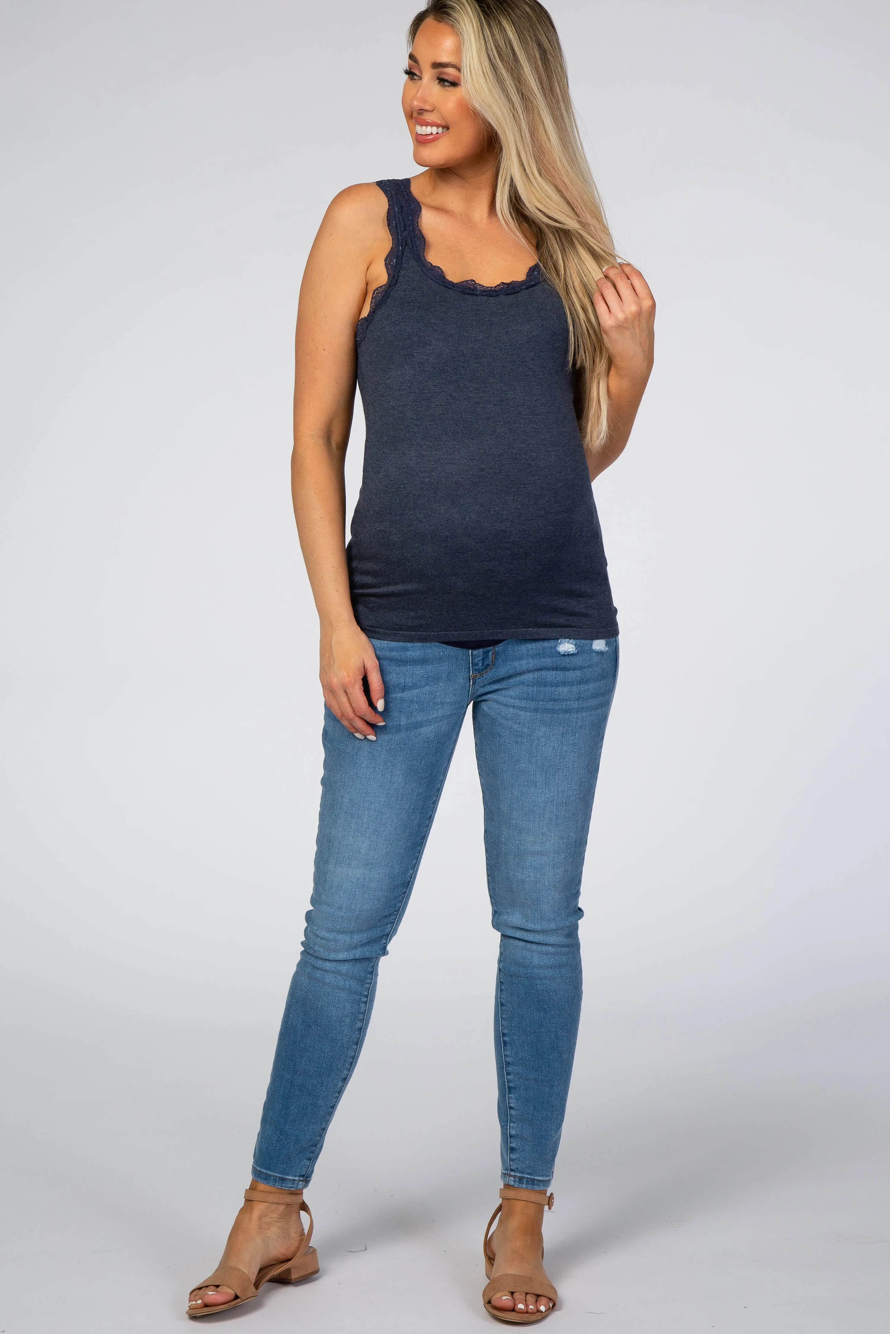 Navy Knit Lace Trim Maternity Tank