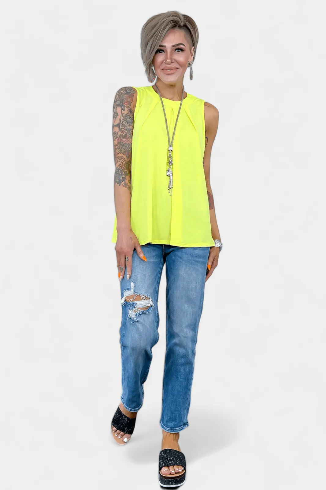 Neon Yellow Pleated Sleeveless Top [NO RETURNS]