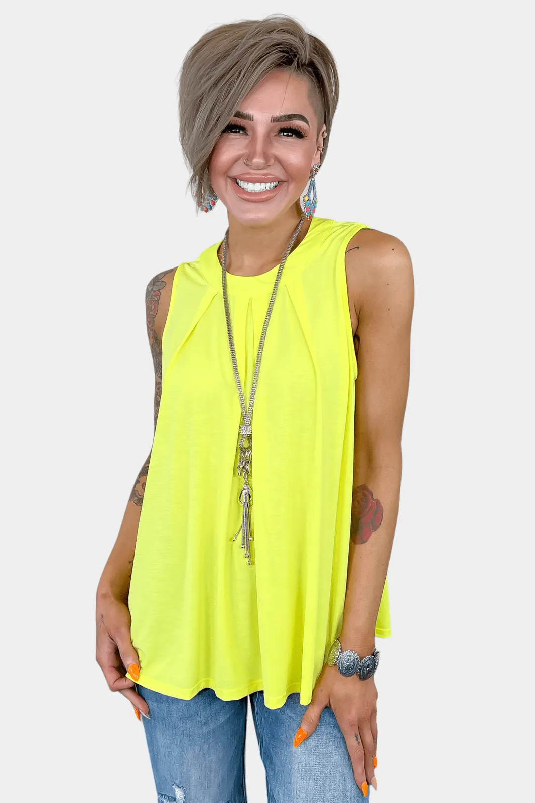 Neon Yellow Pleated Sleeveless Top [NO RETURNS]