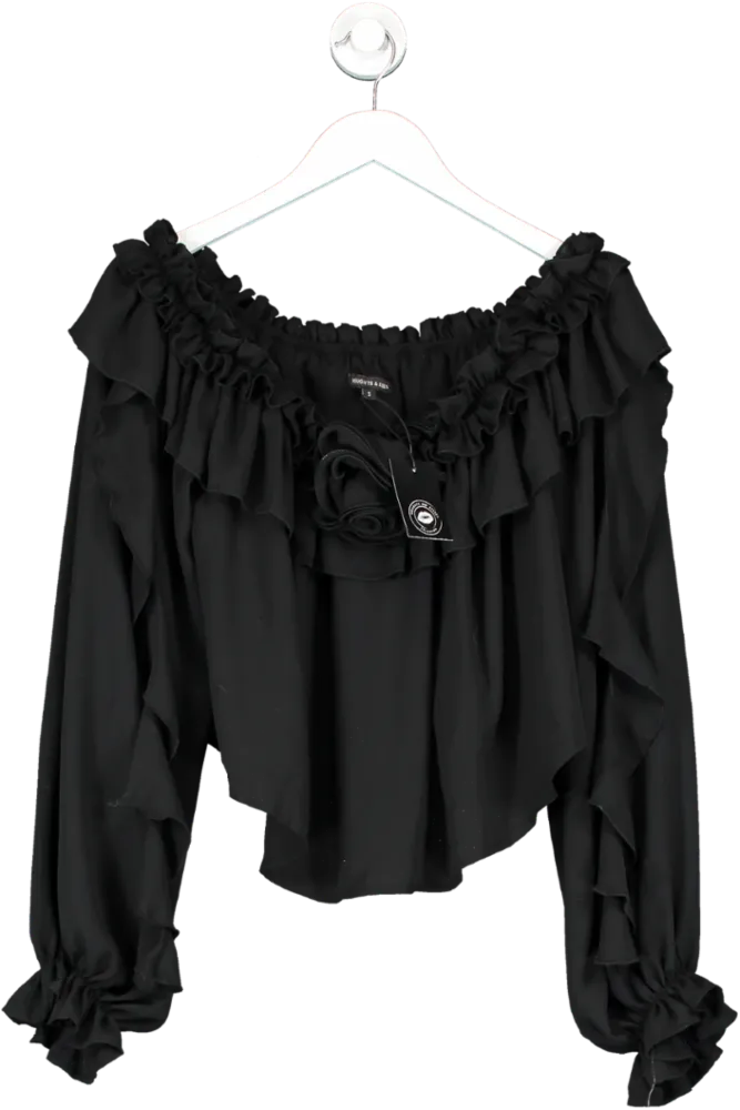 Noughts & Kisses Black Alice Rose Ruffle Off The Shoulder Blouse UK S