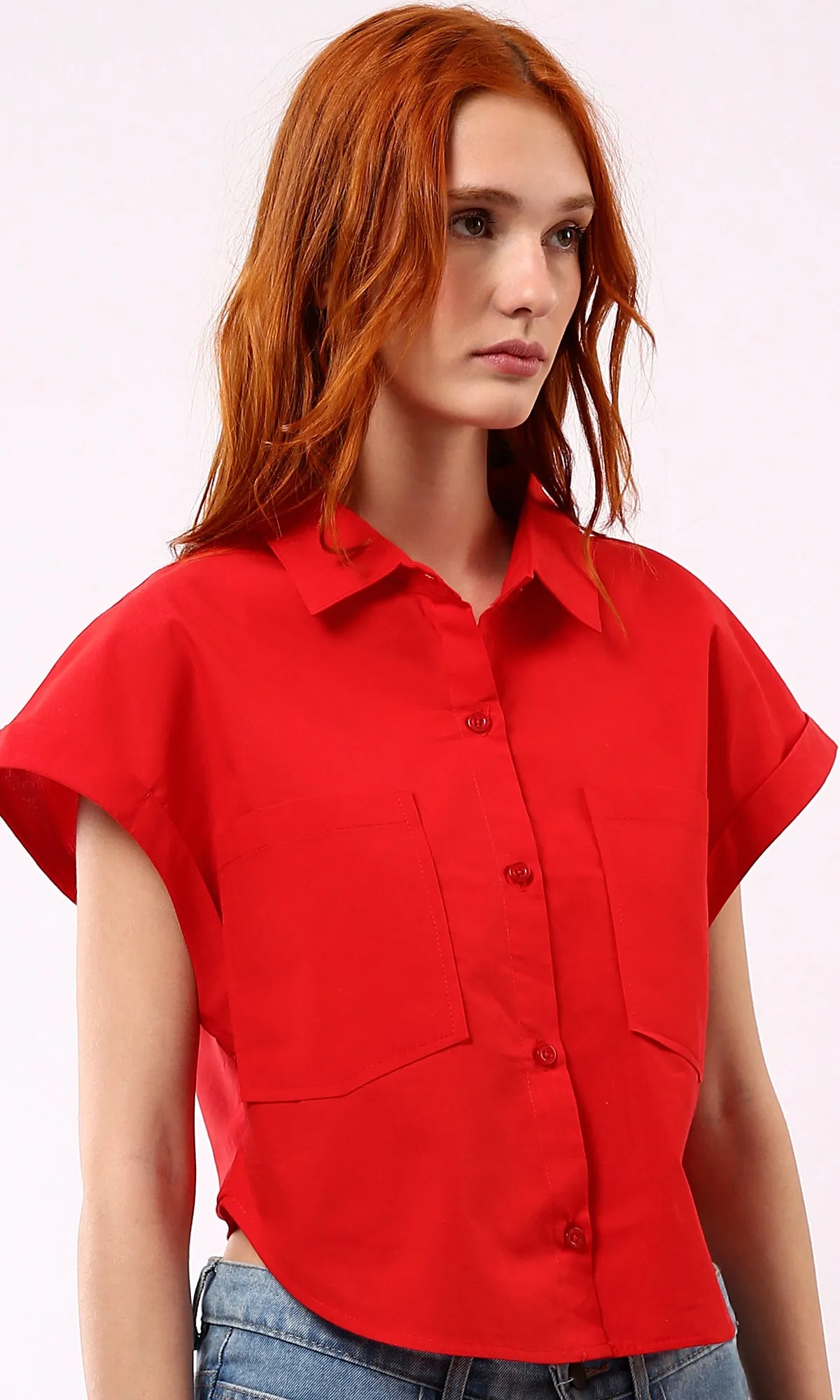 O181644 Solid Short Sleeves Casual Red Buttoned Shirt