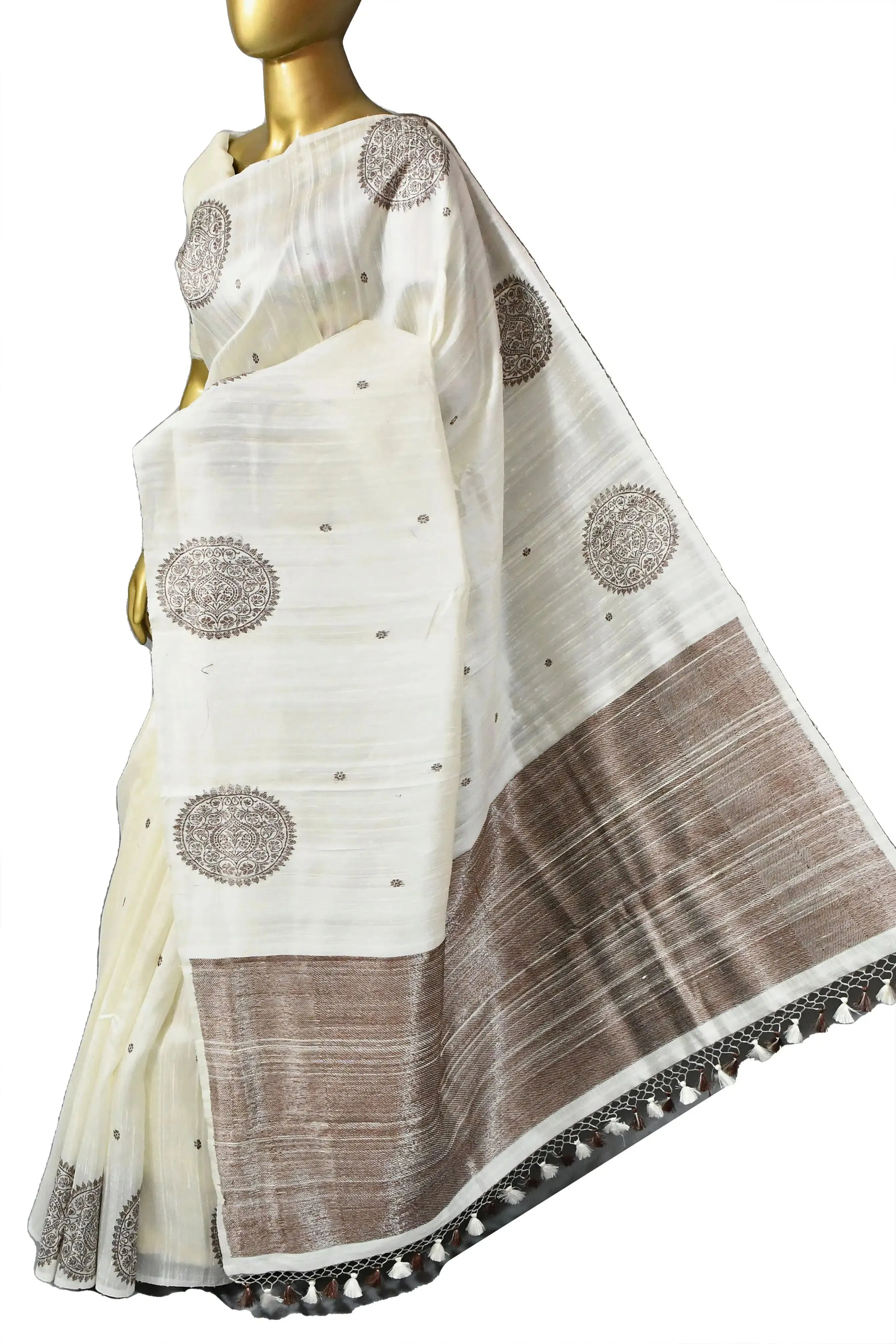 Offwhite Color Pure Raw Silk Banarasi Saree with Antique Zari Work