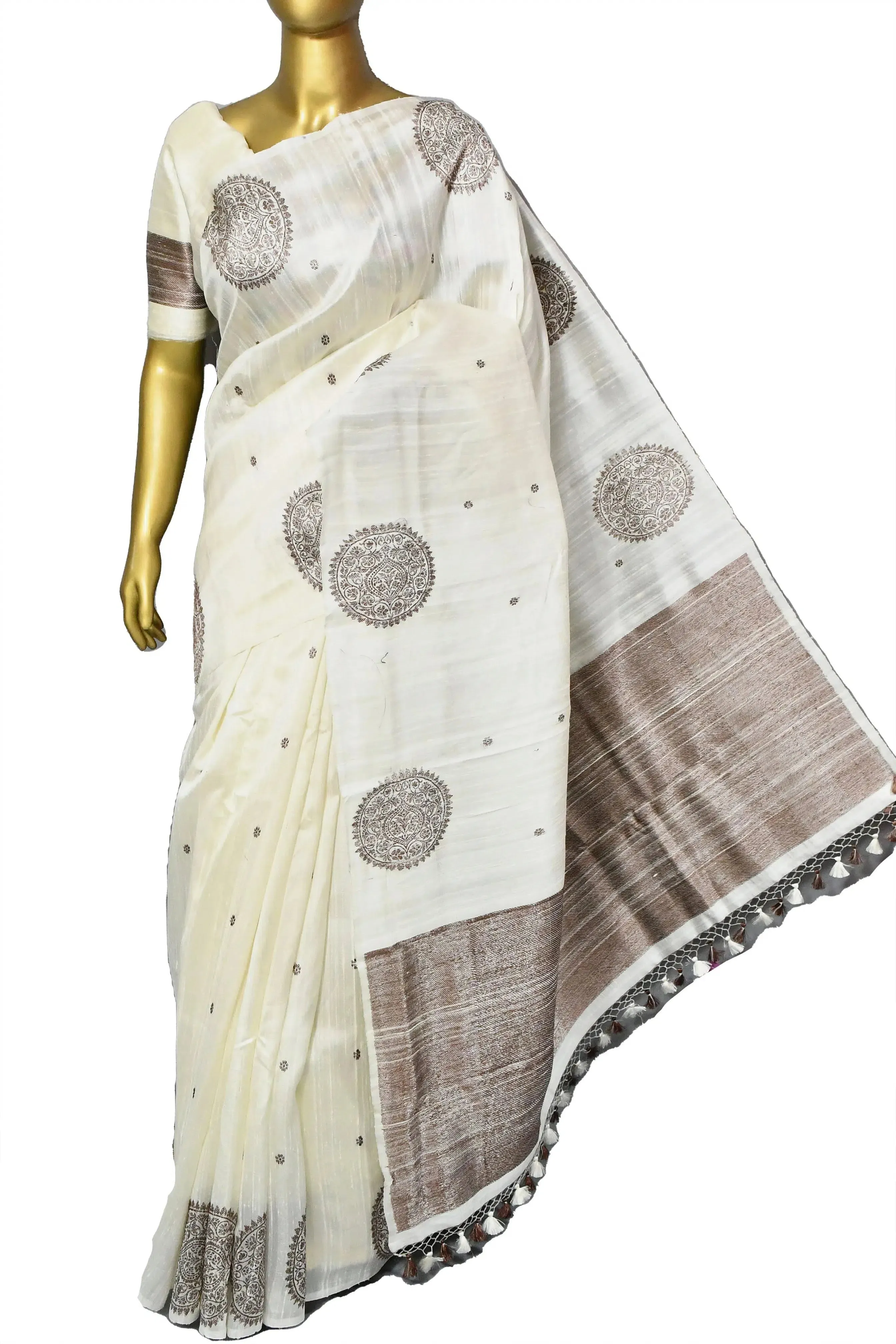 Offwhite Color Pure Raw Silk Banarasi Saree with Antique Zari Work