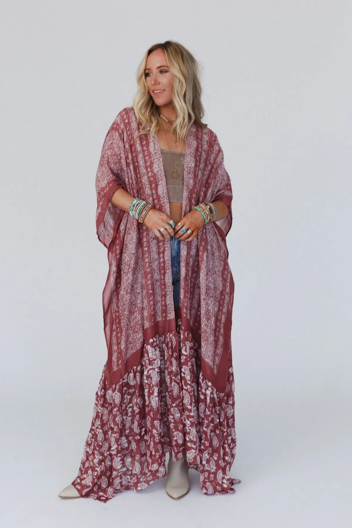 Paisley Tapestry Free Flow Duster Kimono - Wine