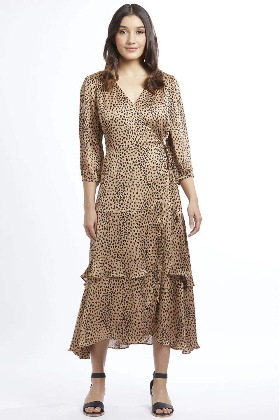 Paradise Caramel Leopard LS Frill Maxi Wrap Dress