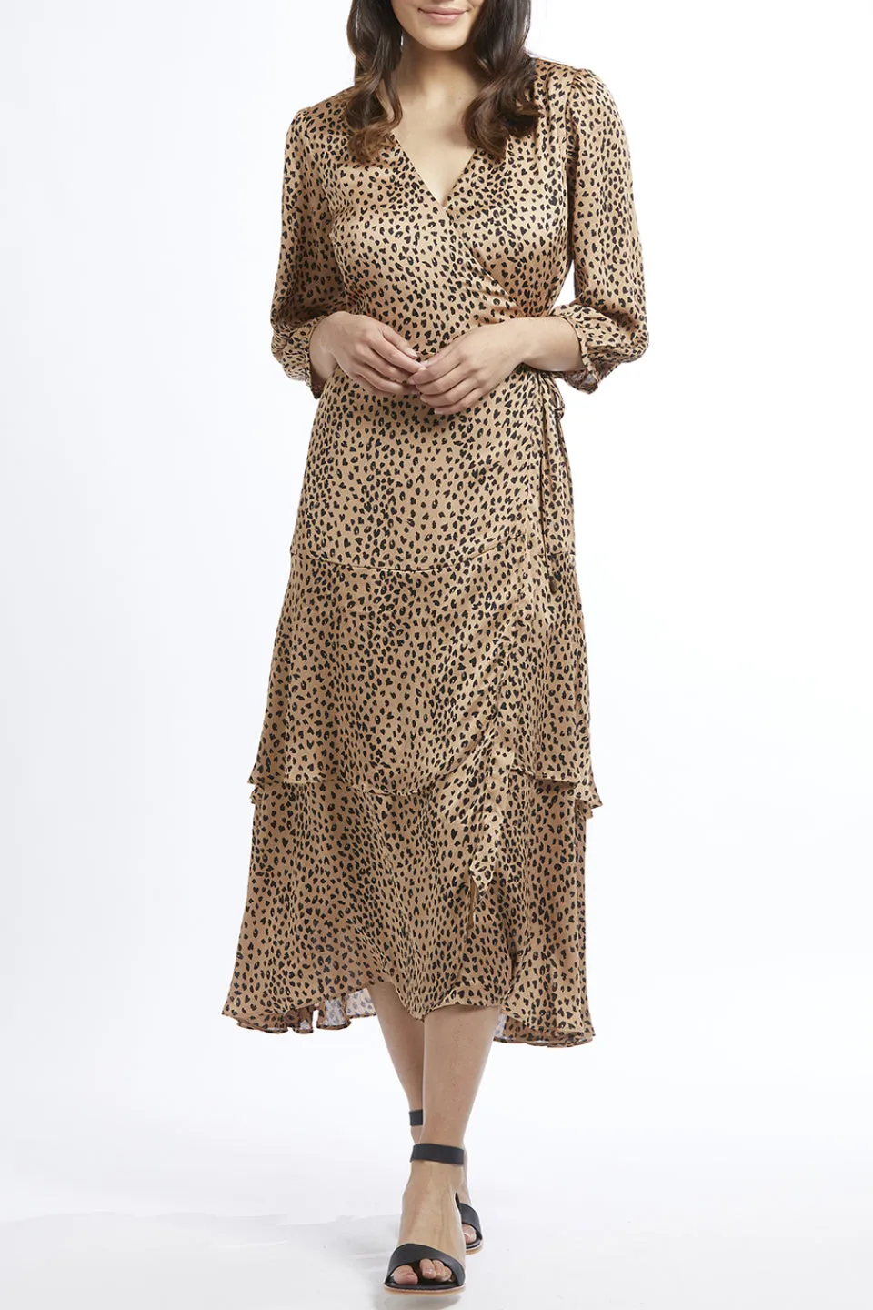 Paradise Caramel Leopard LS Frill Maxi Wrap Dress