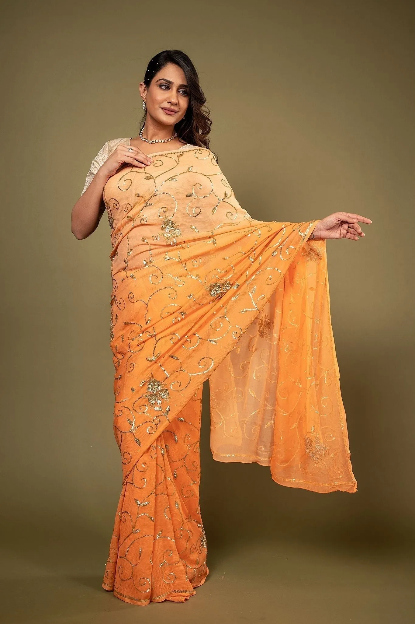 Peach Pure Chiffon Siquin Jaal Work Saree