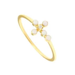 Pearled Cross Diamond Opal Ring, Yellow Gold, Size 6.75