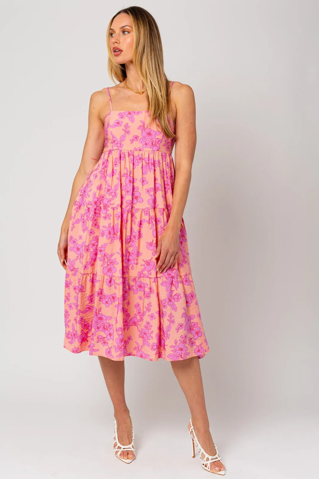 Pink Floral Sleeveless Tiered Maternity Midi Dress